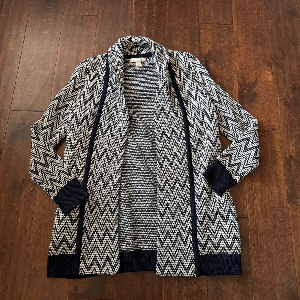 Banana Republic Merino Wool Blend Zig Zag Chevron Open Front Cardigan Navy White